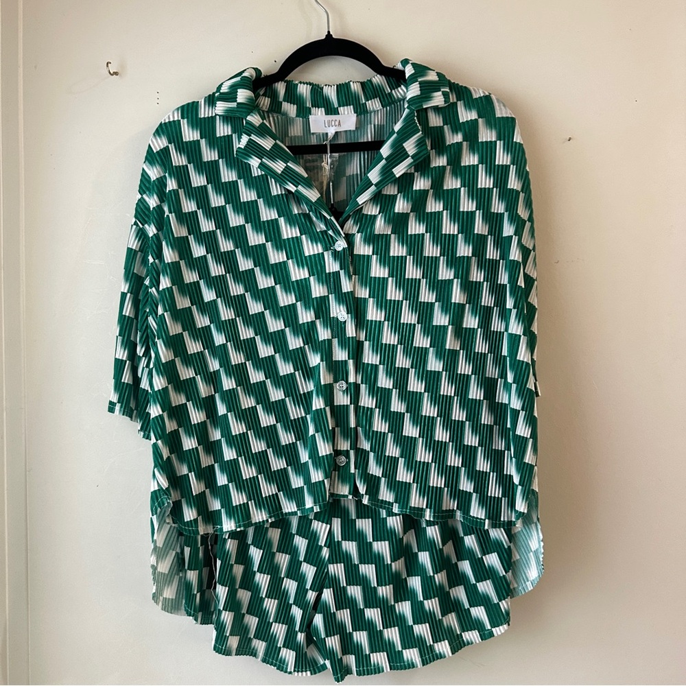 Green Ribbed Button-Front Top & Shorts Set